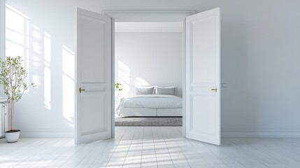 White Bedroom Interior Open Doorway Composition, Minimalist Design, Sunlit Space, Bright Room Keywords Bedroom Design, Interior Photography