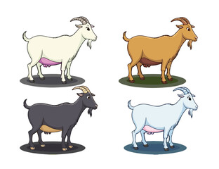 Diverse Cartoon Dairy Goats Collection: Set of Four Isolated Farm Animals in White, Brown, Black, and Light Blue Colors - Various Livestock Breeds for Agricultural and Educational Content (Highlights 