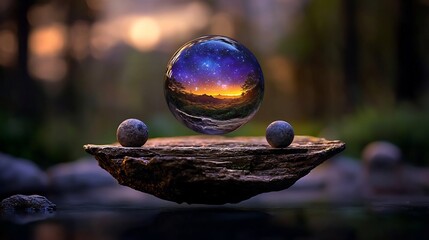 Obraz premium Floating crystal ball mirroring sunset landscape on a rock
