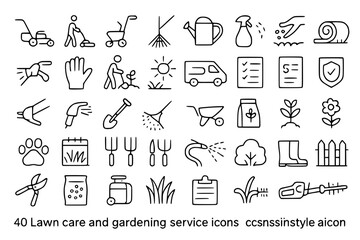 Lawn care service line icon set. Vector pictograms of weed control, overseeding, trimming, shrubs, leaves removal, seasonal cleanup, irrigation, thin linear illustration.
