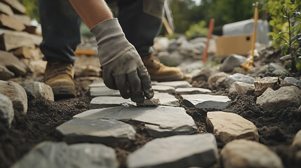 Gardener Laying Stone Pathway in Backyard