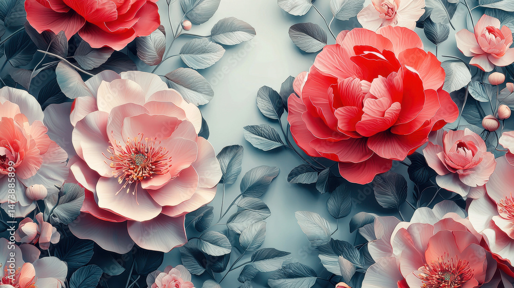 Poster contemporary 3d floral arrangement showcasing realistic rose patterns and elegant leaves on a smooth
