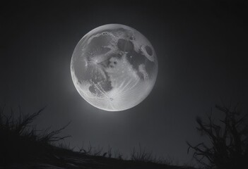 Naklejka premium Low-hanging full moon, inky black sky, eerie glow , tree, astronomy