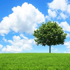 Obraz premium Lush green field with a solitary tree under a vast blue sky filled with fluffy white clouds