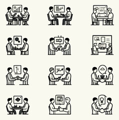 minimalist line icon set representing modern office activities and business teamwork. Includes 15 black-and-white vector-style icons showing group discussions, team meetings, presentations, brainstorm
