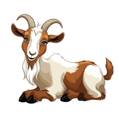 Isolated portrait of a brown domestic goat with horns on a white background