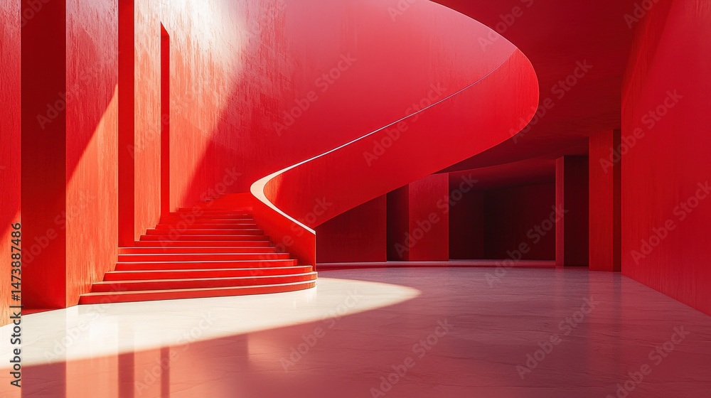 Poster a realistic 4k side angle view showcasing a contemporary red 3d background with smooth curves and ge