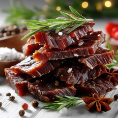 Close-up of Freshly Sliced Dried Meat Garnished with Fresh Herbs and Spices on a Rustic Wooden Background
