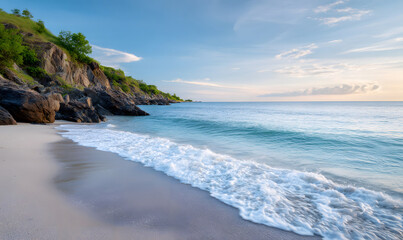 Serene seascape with crystal clear waves crashing on a white beach at sunset. Rocky cliffs on the sides. Harmony in nature. generative ai
