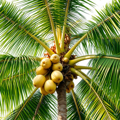 Closeup of a Coconut Palm Tree with Ripe Coconuts on Transparent Background