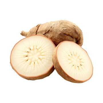 Whole and Sliced Jicama Root on Transparent Background