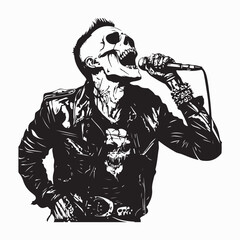 Skull punk singing and holding microphone Vector Image isolated on white background.