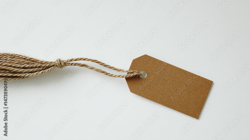 Poster a brown paper price tag with a string loop on a white background, emphasizing sustainability and rec