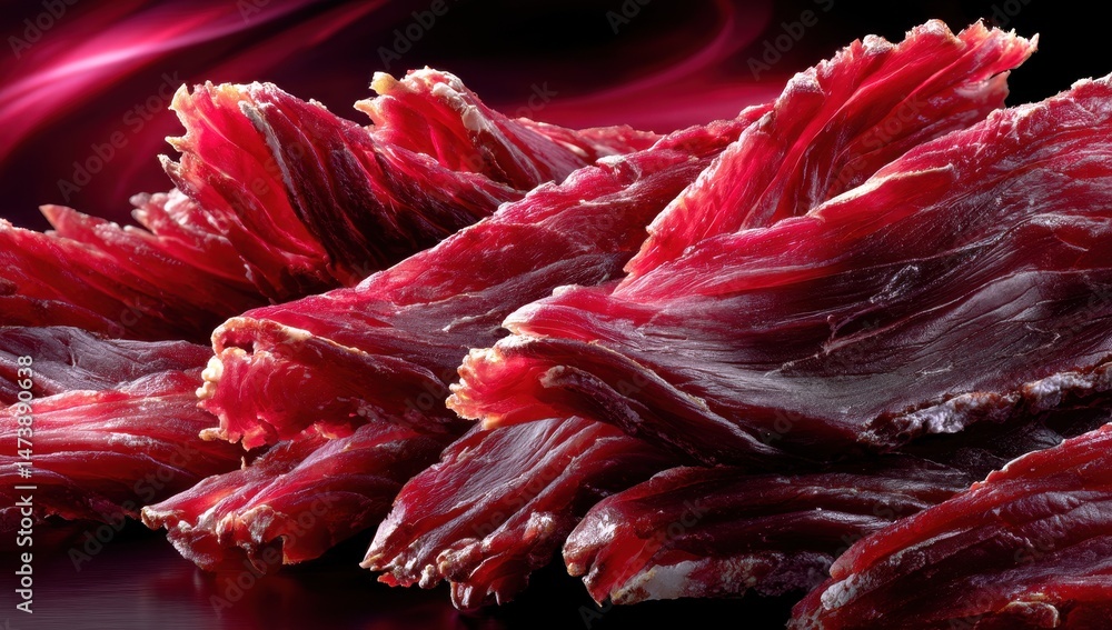 Poster close-up of strips of dried jerky with rich red color and texture on dark background for culinary an