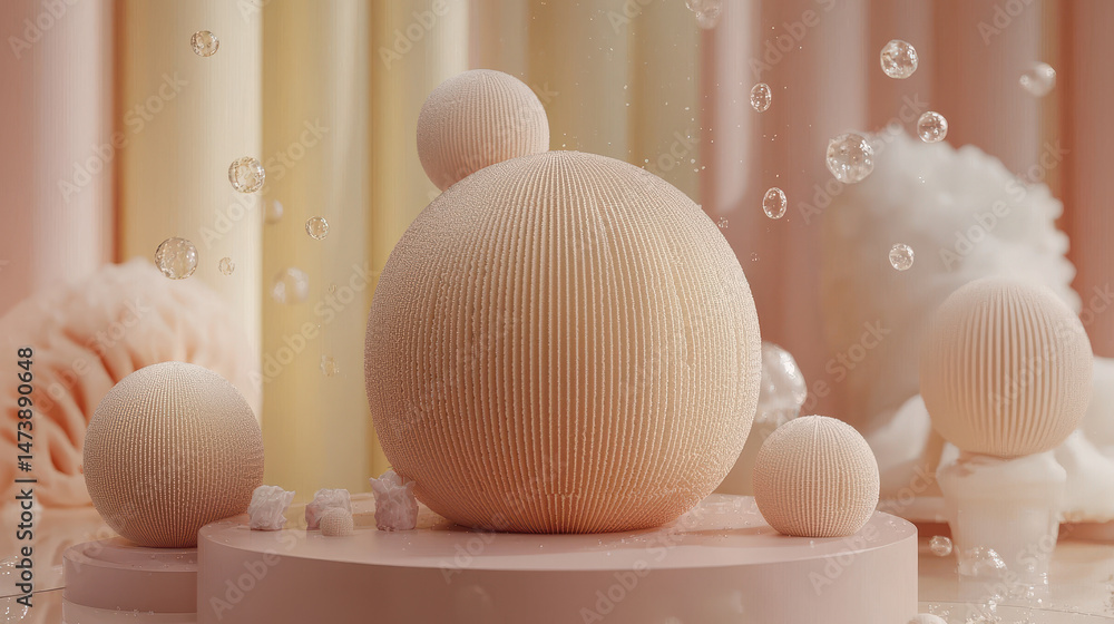Poster clean 4k aesthetics showcase neutral spheres and subtle textures against a soft light background, cr