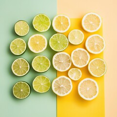 Fototapeta premium Minimalist citrus fruit composition with fresh lemon and lime slices arranged in geometric shapes on a soft pastel background.