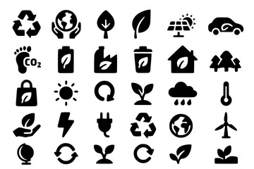 Fototapeta premium Ecology general glyph icon set. Vector pictograms of sun energy, wind turbine, water, drop, electric car, battery, green, factory, light bulb, zero waste, black sign silhouette illustration.