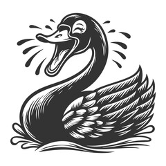 Obraz premium cartoonish black swan laughing loudly, offering a satirical twist on the black swan metaphor sketch engraving generative ai raster illustration. Scratch board imitation. Black and white image.