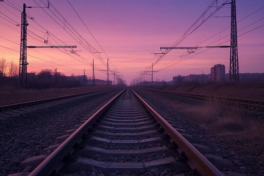 Railroad tracks stretching into the distance under a vibrant sunset sky