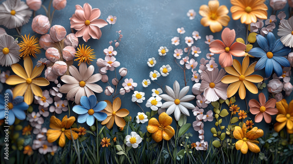 Poster a vibrant 3d rende showcasing captivating flower patterns against a realistic textured background, p