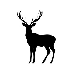 Fototapeta premium Elegant Deer Silhouette: A striking black and white illustration showcases a majestic deer silhouette, the animal’s intricate antlers rising gracefully against a clear, simple background.