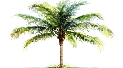 Tropical Hawaiian flora is depicted in a watercolor art piece featuring a palm tree isolated on a white background, perfect for greeting cards, travel, vacation, or holiday designs and prints