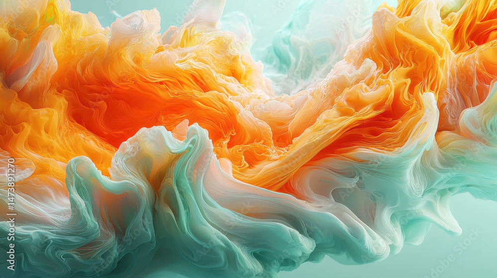 Poster a realistic 4k 3d background visual shows calming orange and teal waves from a side angle, creating 