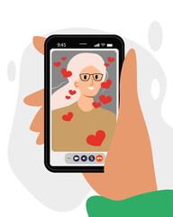 Family online video call by smartphone. Grandmother say hi virtually in mobile video call app. Sent virtually love heart to your family. Flat cartoon illustration. Stay in touch with your loved ones.