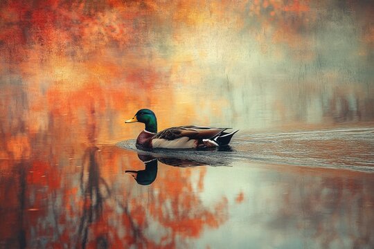 A mallard duck swims peacefully on a reflective lake surrounded by vibrant autumn colors. - Powered by Adobe