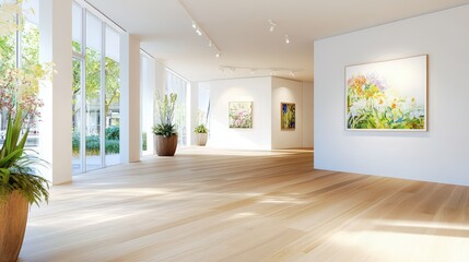 Obraz premium Quiet gallery interior, white walls contrast warm wood floor, modern and elegant design