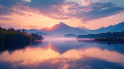 Fototapeta premium A serene lake reflecting colorful sunrise skies, with mountains and lush greenery in the background.