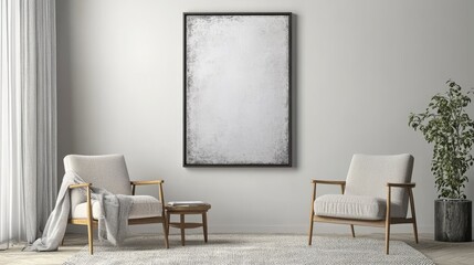 A modern and clean living room provides the setting for a minimalist wall art mockup, where a sleek black frame is prominently featured in a minimalistic and neatly illustrated home decor arrangement