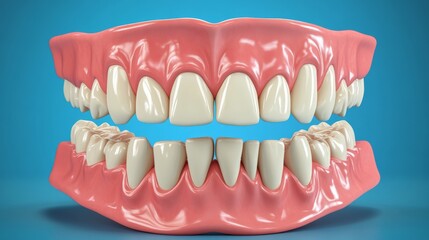 Obraz premium The dental care background illustration features 3D white teeth against a blue backdrop and includes ample copy space