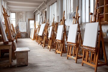 Classic art studio with wooden easels and unfinished paintings.