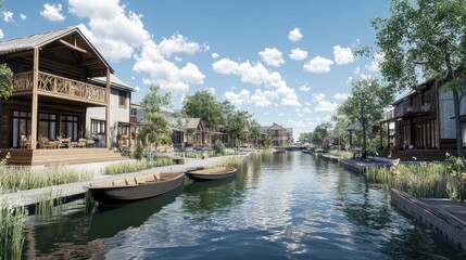 Fototapeta premium Canal intersection with boats tethered near wooden homes