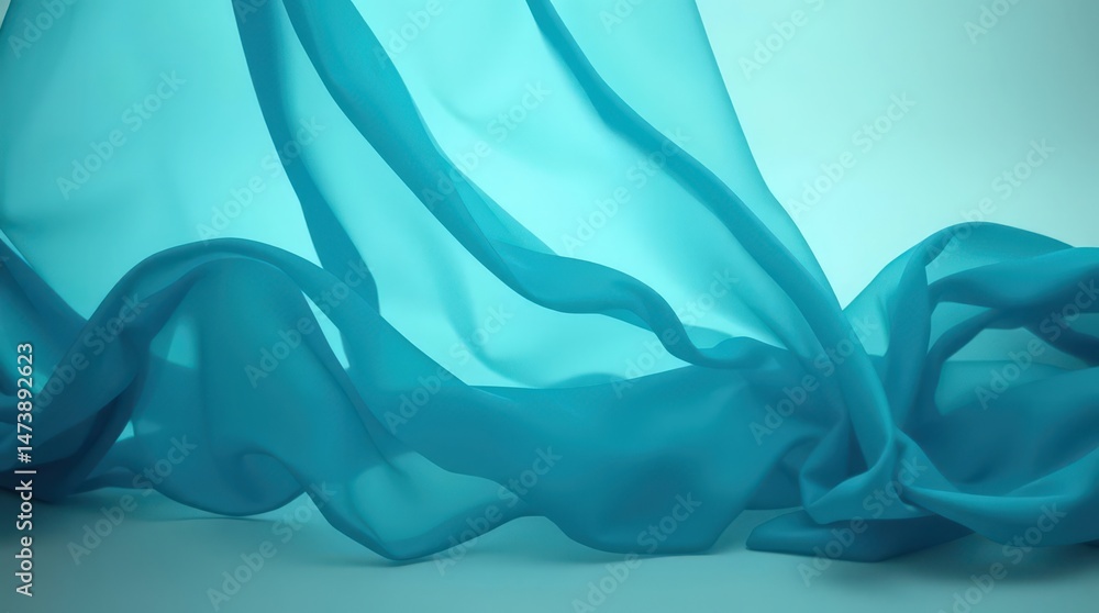 Poster flowing turquoise fabric dances in soft light, creating ethereal waves and textures that evoke a sen