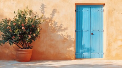 The ancient house wall contains a window that is equipped with blue shutters
