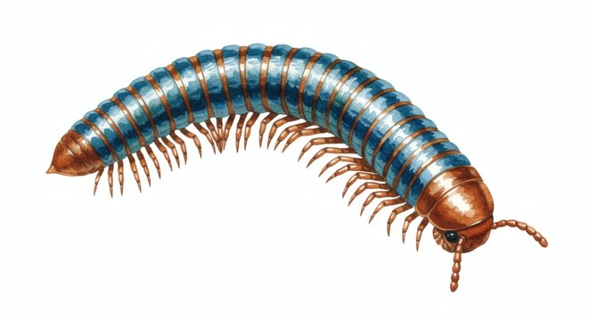 Watercolor millipede with blue and brown coloring