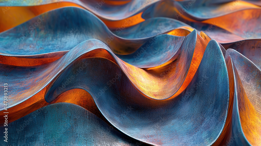 Poster bold 3d design shows realistic 4k side angle view of flowing wavy surfaces in a background with copp