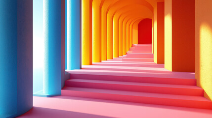 Fototapeta premium A vibrant 4K 3D background features a long corridor with pink steps, bold orange arches, and striking blue columns in a realistic side angle perspective design.