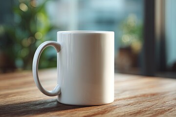 Obraz premium Empty white mug on a wooden table, blurred background