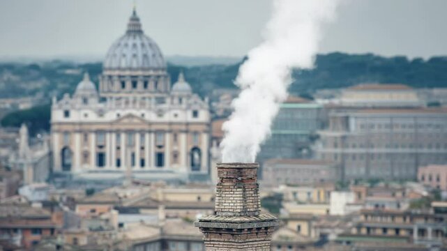 White smoke rising from chimney at Vatican during papal conclave with St. Peter's Basilica in background