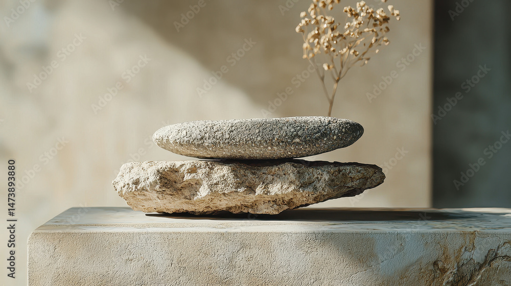Poster balanced zen stones are staged in 4k resolution with soft light emphasizing their realistic 3d desig
