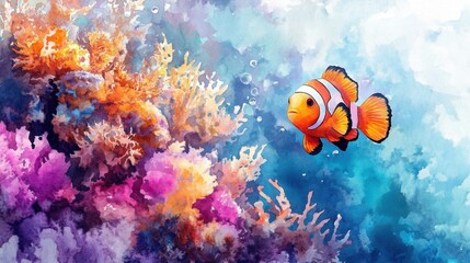 Obraz premium A vibrant watercolor of a clownfish swimming near colorful coral reefs in a lively underwater scene.