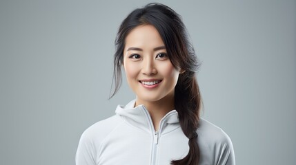 Fototapeta premium Portrait of a young woman, a confident brunette woman smiling in sportswear