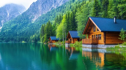 Obraz premium Lakefront Cabins: Nestled on the tranquil shores of a pristine lake, a row of cozy cabins offers a serene escape into nature, with the backdrop of majestic mountains and lush greenery.