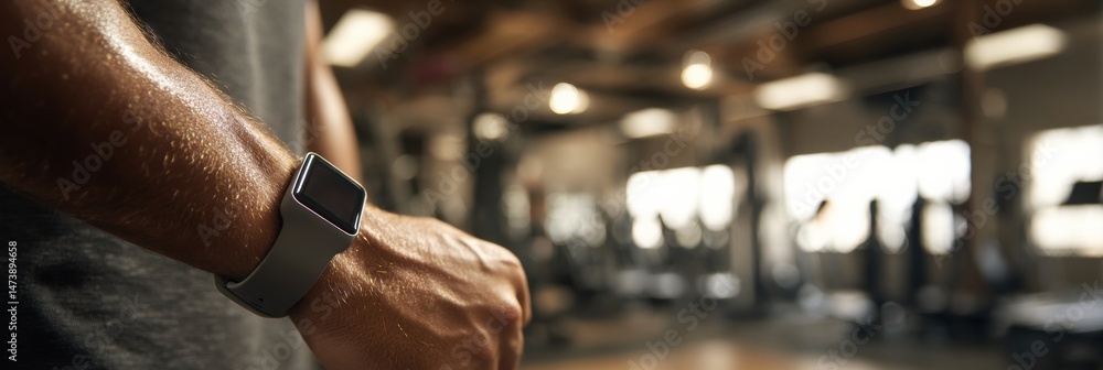 Poster fitness tracker on muscular wrist in a gym setting highlighting workout progress and health monitori