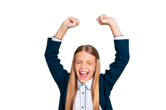 Close up photo beautiful amazing yelling she her little lady hands arms raised up glad end finish last studying day wear formalwear shirt blazer school form isolated bright teal turquoise background