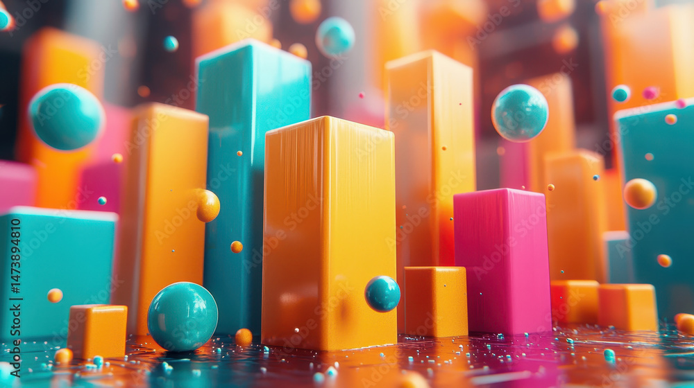 Poster artistic 3d background in 4k displaying a cluster of colorful cubes and spheres from a side angle, c