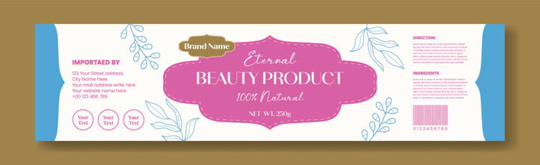 Modern Cosmetics Packaging Label template design, horizontal Cosmetic,skin care, beauty care social media cover, header, web banner design, with organic floral vector background